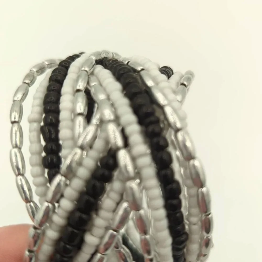 BEADED stretch open‎ cuff bracelet black white silver